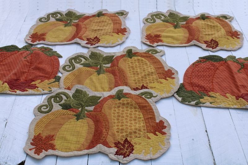 photo of country pumpkin patchwork quilt cotton placemats, fall harvest season table linens  #1
