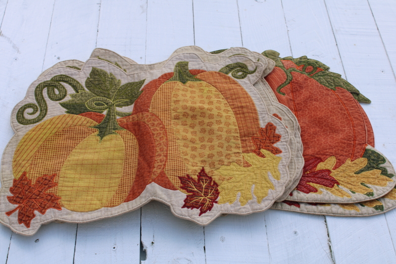 photo of country pumpkin patchwork quilt cotton placemats, fall harvest season table linens  #6