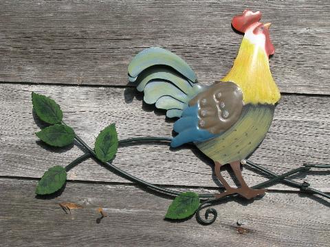 photo of country roosters, painted tole metal wall art, not vintage, but cute! #2