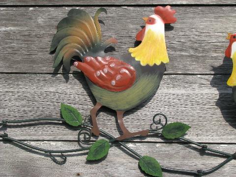 photo of country roosters, painted tole metal wall art, not vintage, but cute! #3