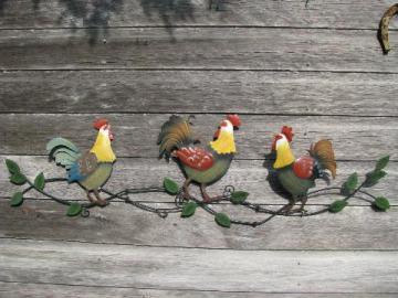 catalog photo of country roosters, painted tole metal wall art, not vintage, but cute!