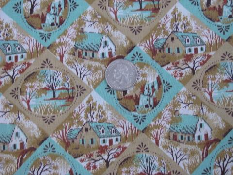 photo of courtry cottages, vintage 1940's print cotton fabric, 36'' wide #1