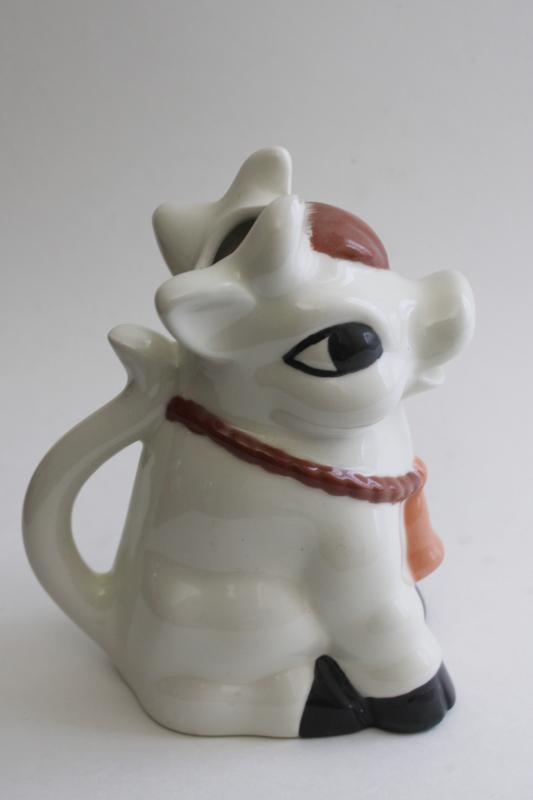 photo of cow cream pitcher, hand painted ceramic creamer, sitting up cow w/ brown & white spots #2