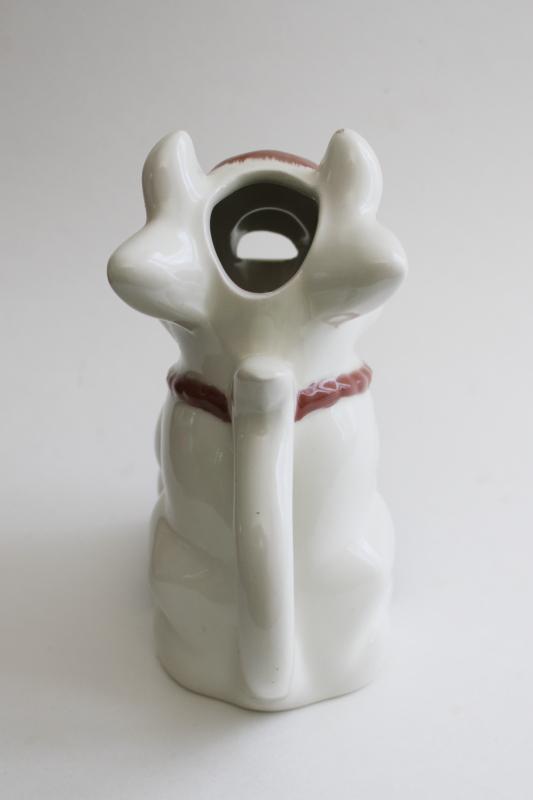 photo of cow cream pitcher, hand painted ceramic creamer, sitting up cow w/ brown & white spots #4