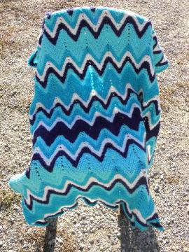 catalog photo of cozy vintage hand-crocheted wool afghan throw blanket, shades of blue