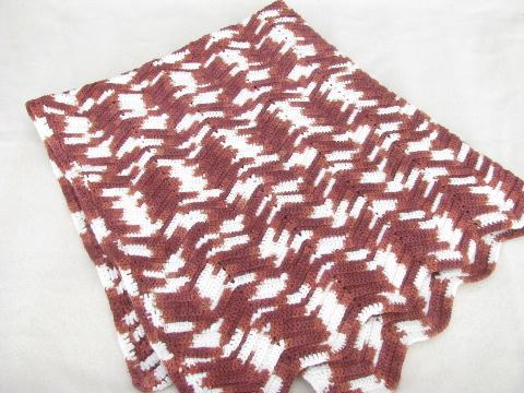 photo of cozy vintage handmade crochet afghan throw blanket, brown & cream #1