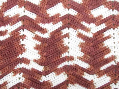 photo of cozy vintage handmade crochet afghan throw blanket, brown & cream #3