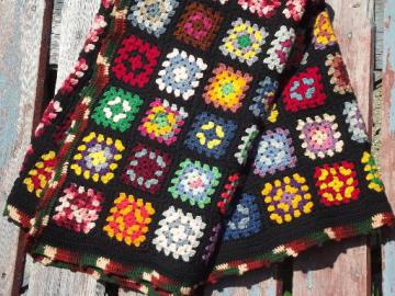 catalog photo of cozy vintage wool afghan throw blanket, retro granny squares crochet