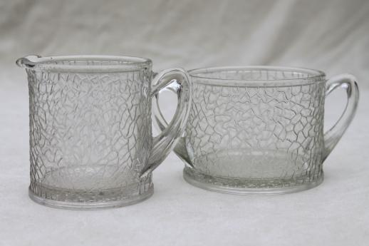 photo of crackle glass pattern depression glass cream & sugar set, pitcher creamer & sugar bowl #1