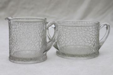 catalog photo of crackle glass pattern depression glass cream & sugar set, pitcher creamer & sugar bowl
