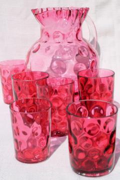 catalog photo of cranberry glass thumbprint pattern vintage lemonade pitcher & tumblers