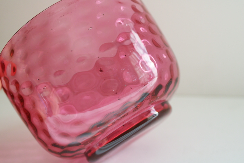 photo of cranberry pink glass bowl w/ thumbprint optic pattern, vintage Fenton art glass  #3