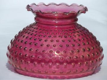 catalog photo of cranberry rose pink stained glass hobnail shade for vintage student lamp