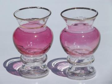 catalog photo of cranberry stain glass w/ gold, vintage violet vases, small vase pair