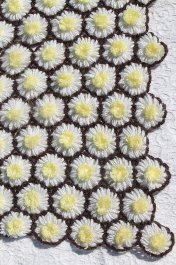 photo of crazy daisy flower loom crochet hairpin lace afghan, white & yellow yarn daisies throw #3