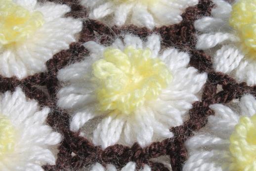 photo of crazy daisy flower loom crochet hairpin lace afghan, white & yellow yarn daisies throw #5