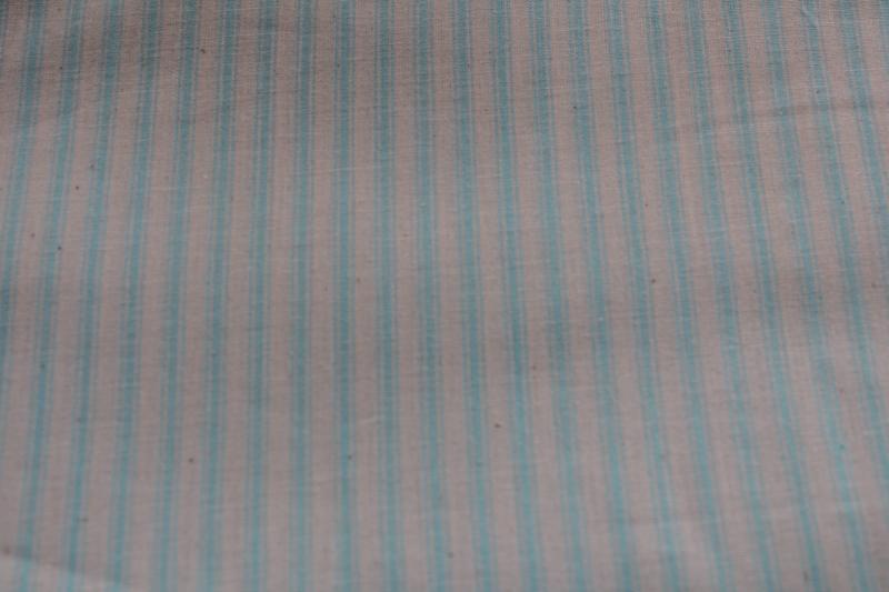 photo of cream & aqua ticking stripe poly cotton fabric, farmhouse country primitive vintage style #1