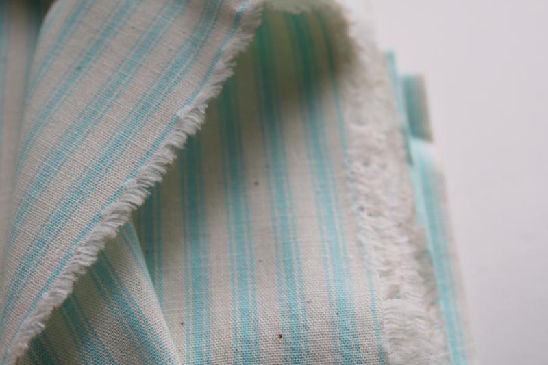 photo of cream & aqua ticking stripe poly cotton fabric, farmhouse country primitive vintage style #2