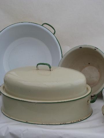 photo of cream / jadite green vintage enamelware turkey roaster, pan & bowl #1