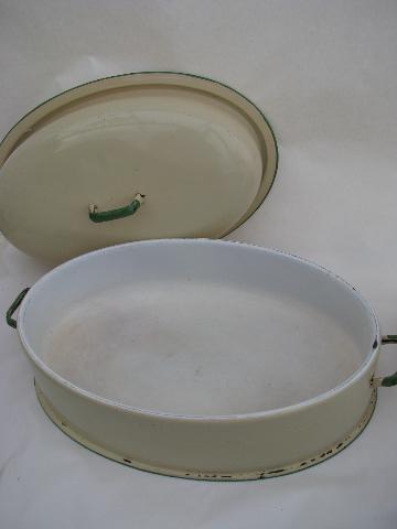 photo of cream / jadite green vintage enamelware turkey roaster, pan & bowl #3