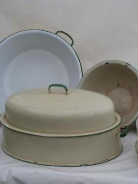 catalog photo of cream / jadite green vintage enamelware turkey roaster, pan & bowl