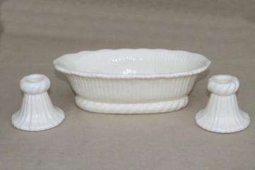 catalog photo of creamy white pottery flower planter & candle sticks, vintage Haeger console set