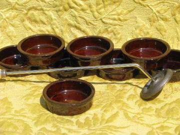 catalog photo of creme brulee finishing iron and individual ramekins set, dishes for 8