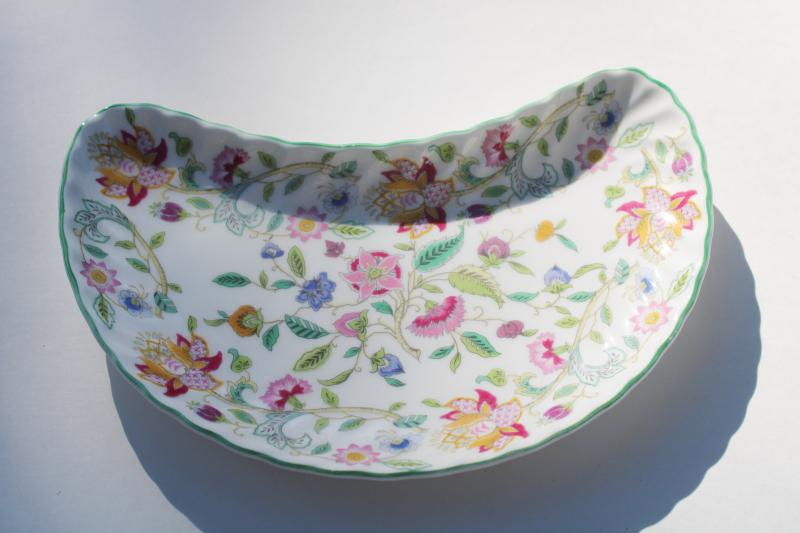 photo of crescent shape salad plate, vintage Minton Haddon Hall china green trim floral #2