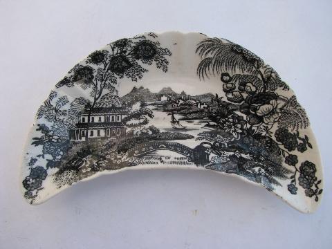 photo of crescent side dish or salad plate, vintage Clarice Cliff black transferware china Tonquin #1