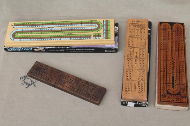 photo of cribbage board lot, 4 vintage wood   card game  boards w/ pegs Drueke #1