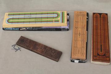 catalog photo of cribbage board lot, 4 vintage wood   card game  boards w/ pegs Drueke