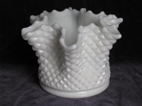 photo of crimped rose bowl vase, vintage Westmoreland english hobnail, white milk glass #1