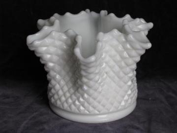 catalog photo of crimped rose bowl vase, vintage Westmoreland english hobnail, white milk glass