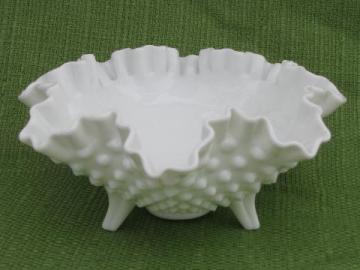 catalog photo of crimped ruffle footed hobnail milk glass flower bowl, vintage Fenton