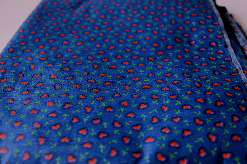 photo of crisp cotton fabric, vintage quilting weight material red hearts print on royal blue #1