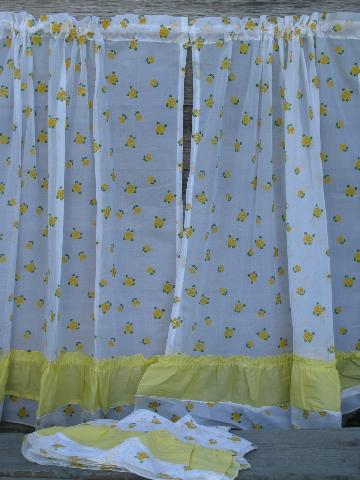 photo of crisp white kitchen curtains w/ yellow flocked flowers, 1960s vintage #1