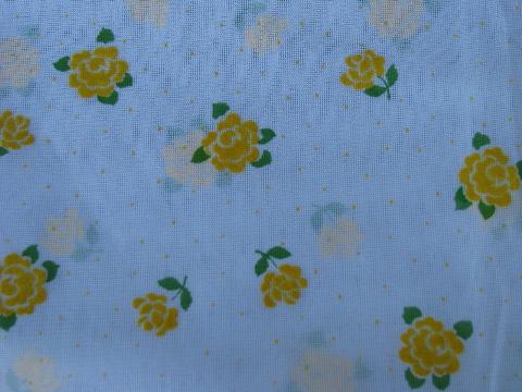 photo of crisp white kitchen curtains w/ yellow flocked flowers, 1960s vintage #3