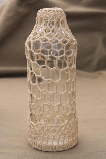 photo of crochet covered bottle, retro glass bottle vase w/ hippie style crocheted lace #1