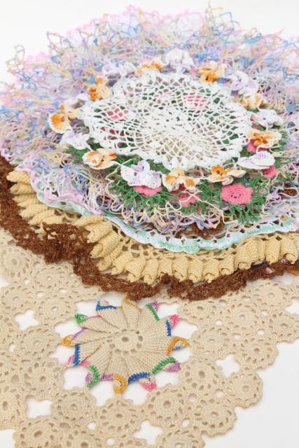 photo of crochet flower doily lot, vintage lace doilies pretty colored thread flowers #1