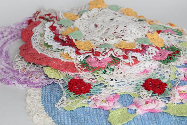 photo of crochet flower doily lot, vintage lace doilies pretty colored thread flowers #8