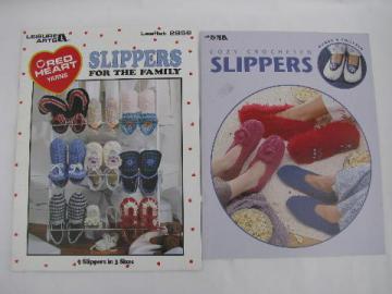catalog photo of crocheted slippers in all sizes, Leisure Arts crochet pattern books lot