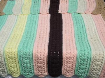 catalog photo of crocheted stripes afghan, vintage candy mint pastels w/ chocolate brown