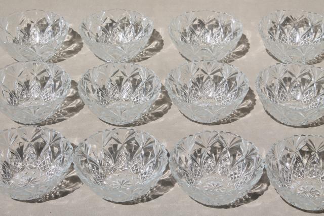 photo of crystal clear French glass pineapple fan pattern fruit bowls, set of 12 dishes marked France #8