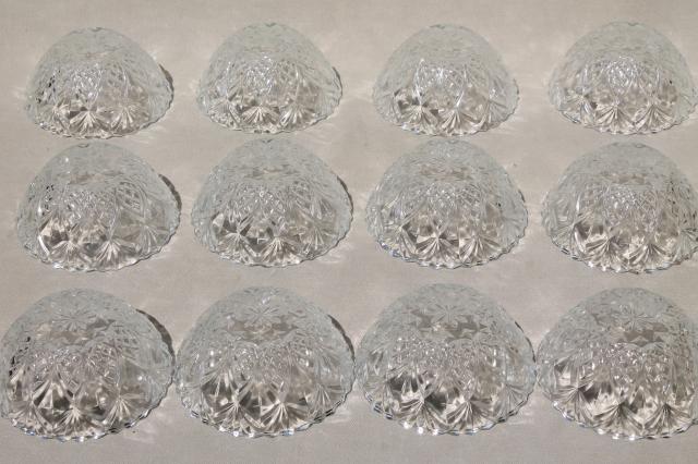 photo of crystal clear French glass pineapple fan pattern fruit bowls, set of 12 dishes marked France #9