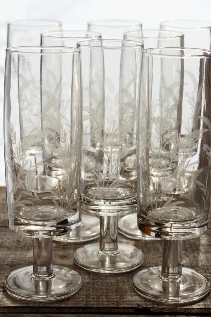 photo of crystal clear etched glass beer glasses, wheat pattern vintage stemware set #1