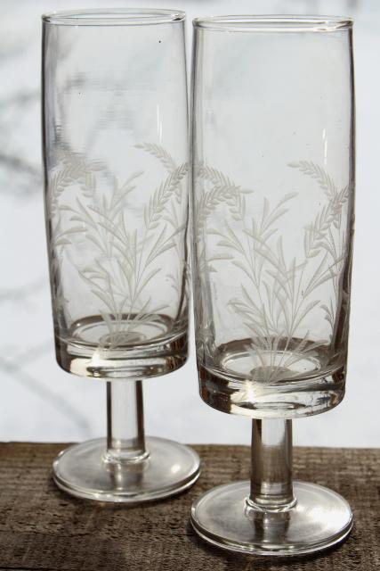 photo of crystal clear etched glass beer glasses, wheat pattern vintage stemware set #2