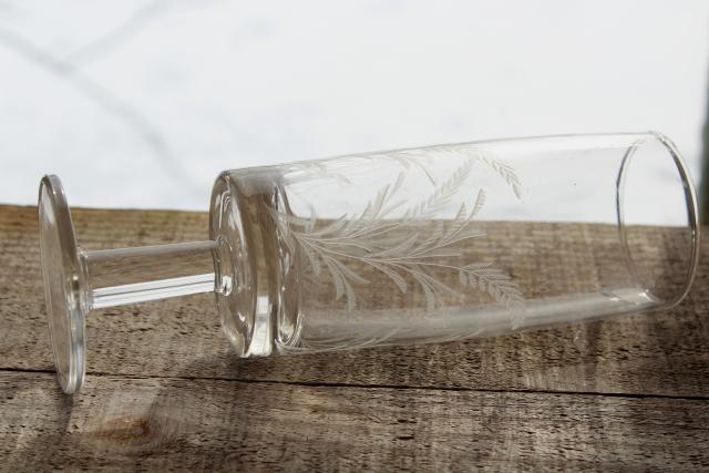 photo of crystal clear etched glass beer glasses, wheat pattern vintage stemware set #4