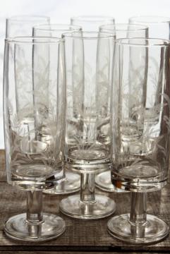 catalog photo of crystal clear etched glass beer glasses, wheat pattern vintage stemware set