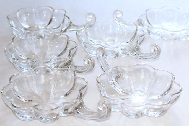 photo of crystal clear glass bowls for dessert or salad, fairy tale pumpkin flower shape w/ vine handles #4