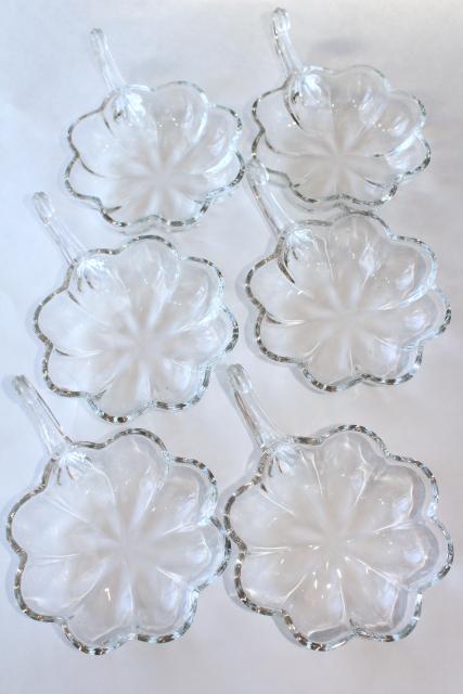 photo of crystal clear glass bowls for dessert or salad, fairy tale pumpkin flower shape w/ vine handles #10